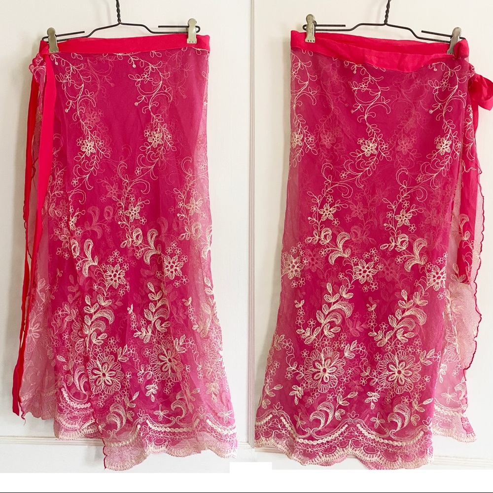 Wrap Skirt Embroidered Tulle Feminine Flower Pink